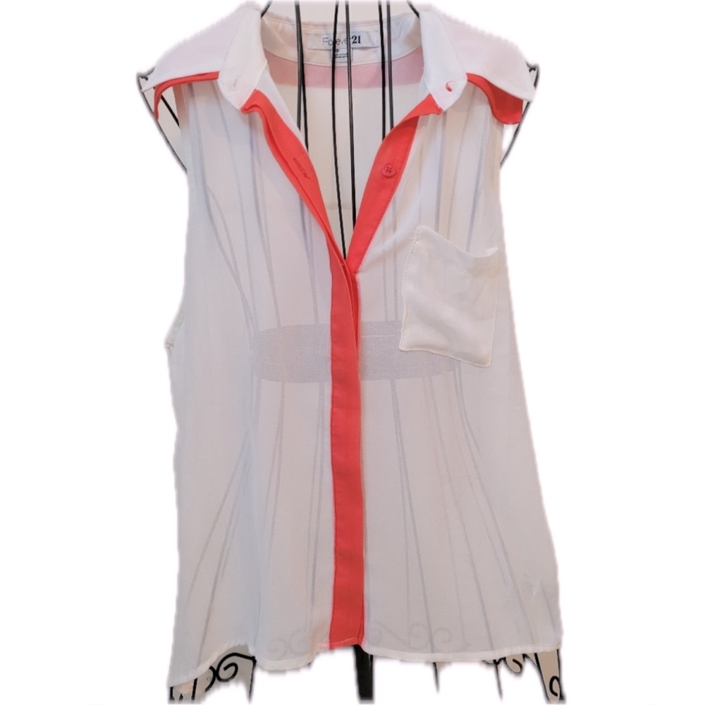 F21 Sheer White/Orange Sleeveless Button Down
